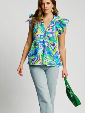 Umgee Multicolor Ruffle-Sleeve V-Neck Peplum Top